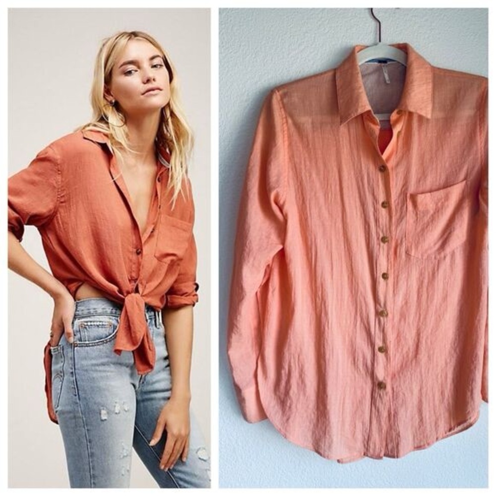 S Free People Womens That's a Wrap Button Down Tie Front Shirt Peach Coral Pink